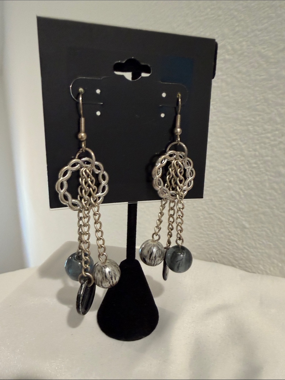 Silver-Tone Chain Drop Earrings with Gray Beads - Women Jewelry